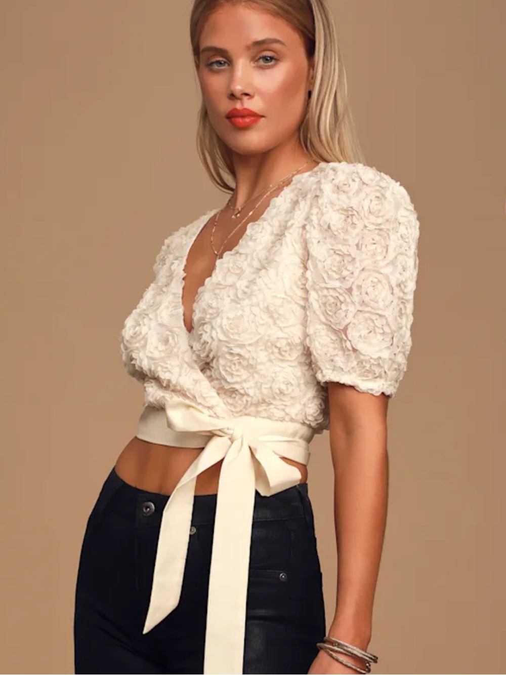 Lulus Key To Your Heart Beige Wrap Crop Top